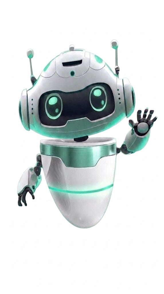 Mascote Fonsar — robô branco e verde-menta a acenar